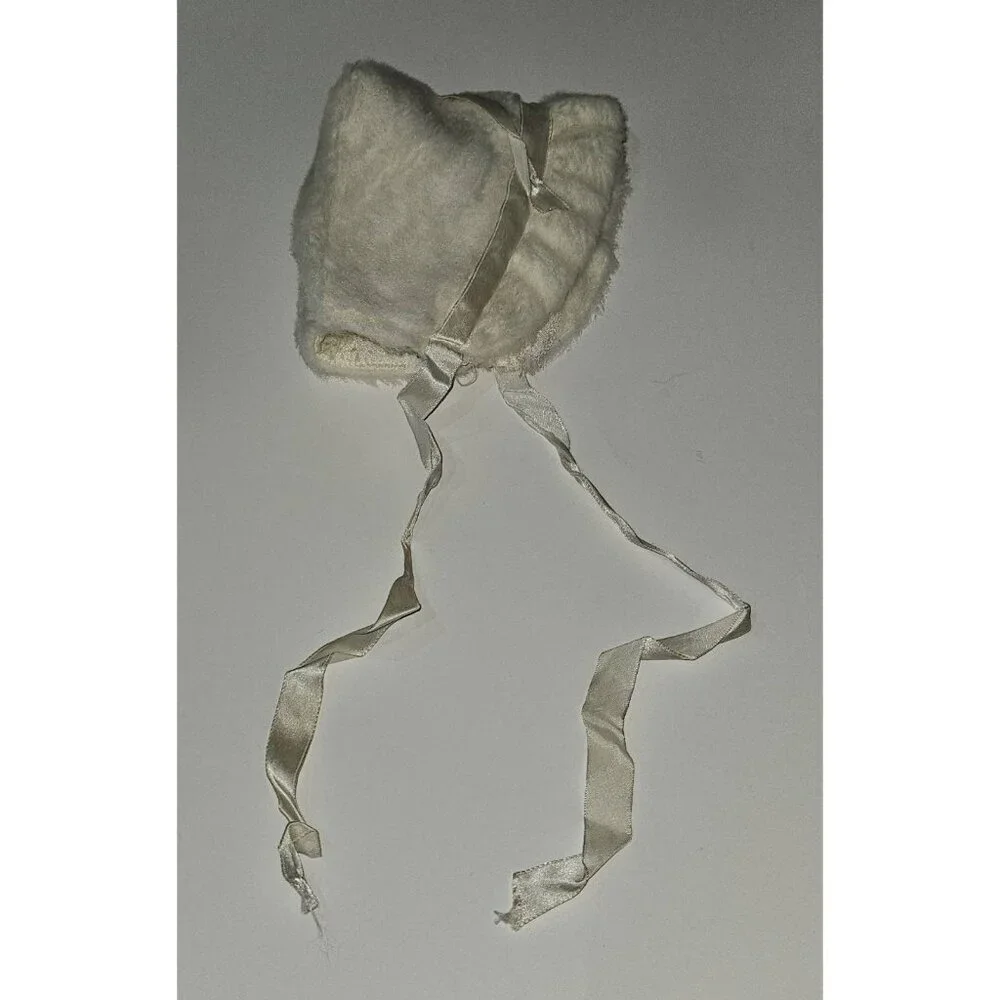 VTG Penney's Toddletime Baby Bonnet White Ivory SOFT Faux Fur? Satin Lace Trim